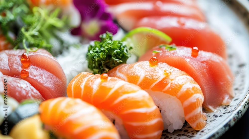 Fresh salmon sashimi and sushi platter beautifully arranged with garnishes on a white background showcasing vibrant colors and textures. Fresh salmon sashimi and sushi platter beautifully arranged with garnishes on a white background showcasing vibrant colors and textures.