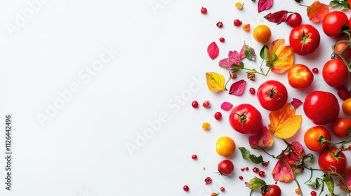 Fresh red tomatoes surrounded by colorful autumn leaves on a clean white background showcasing seasonal harvest aesthetics.