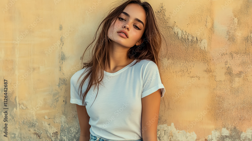 Model posing in a plain t-shirt against a street wall. Model posing in a plain t-shirt against a street wall.