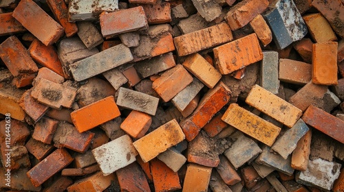 Construction debris featuring a chaotic pile of broken bricks and concrete materials in various colors and textures.