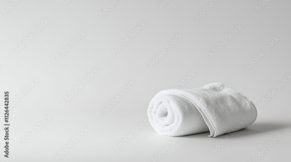 Rolled white towel on a clean white surface, emphasizing softness and cleanliness, ideal for spa, bathroom decor, or textile industry use, minimalist style, hygiene, freshness. Rolled white towel on a clean white surface, emphasizing softness and cleanliness, ideal for spa, bathroom decor, or textile industry use, minimalist style, hygiene, freshness.