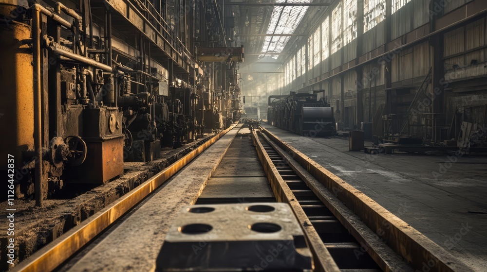 Industrial manufacturing workshop with assembly lines for machinery spare parts and metal components in a well-lit conveyor setting Industrial manufacturing workshop with assembly lines for machinery spare parts and metal components in a well-lit conveyor setting