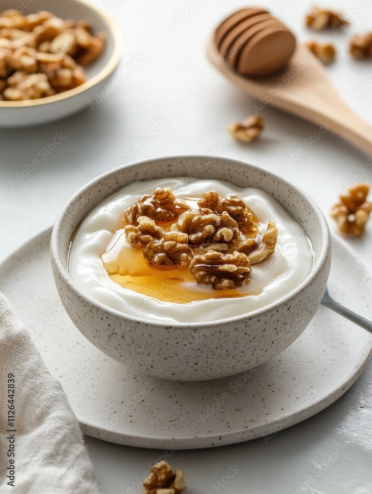 A bowl of yogurt topped with honey and walnuts, served on a plate. A bowl of yogurt topped with honey and walnuts, served on a plate.