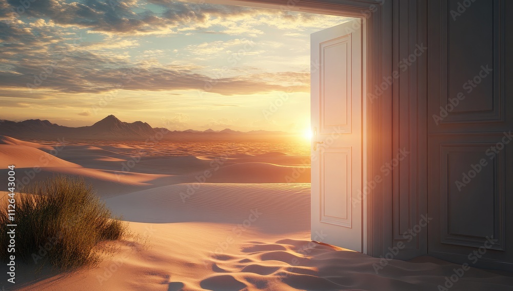 Opened door on desert. Unknown and start up concept. This is a 3d illustration Opened door on desert. Unknown and start up concept. This is a 3d illustration