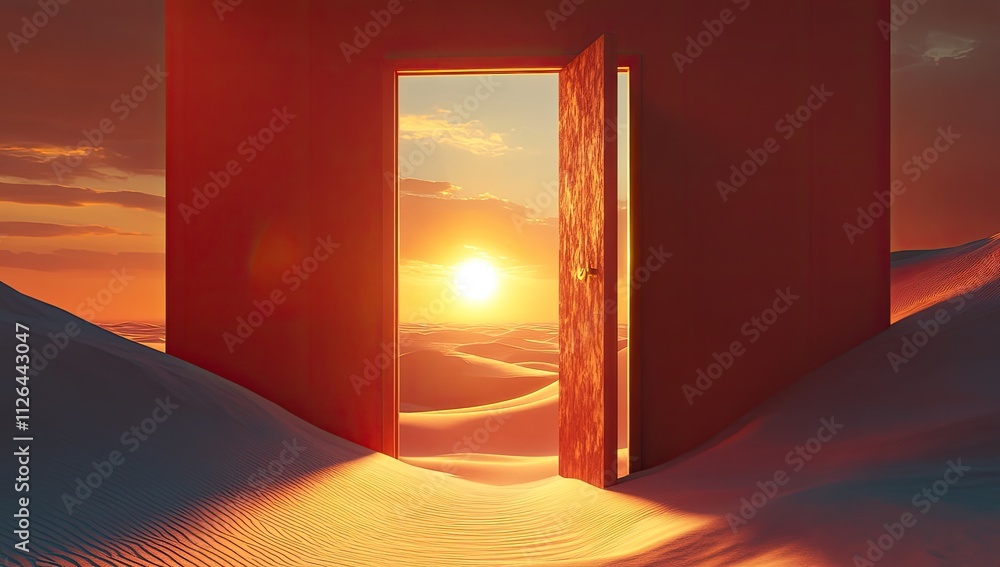 Opened door on desert. Unknown and start up concept. This is a 3d illustration Opened door on desert. Unknown and start up concept. This is a 3d illustration