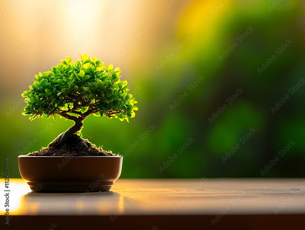 serene bonsai tree in ceramic pot sits on wooden surface, bathed in warm sunlight with blurred green background serene bonsai tree in ceramic pot sits on wooden surface, bathed in warm sunlight with blurred green background