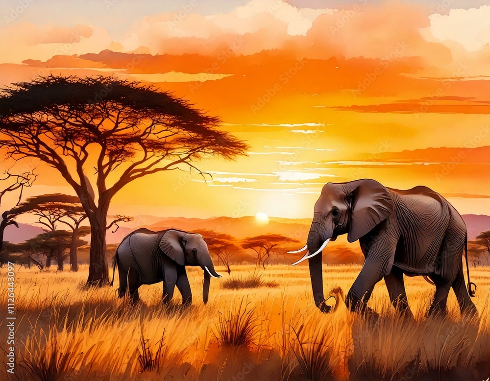 Fototapeta premium African savanna landscape with watercolor elephants and acacia trees at sunset