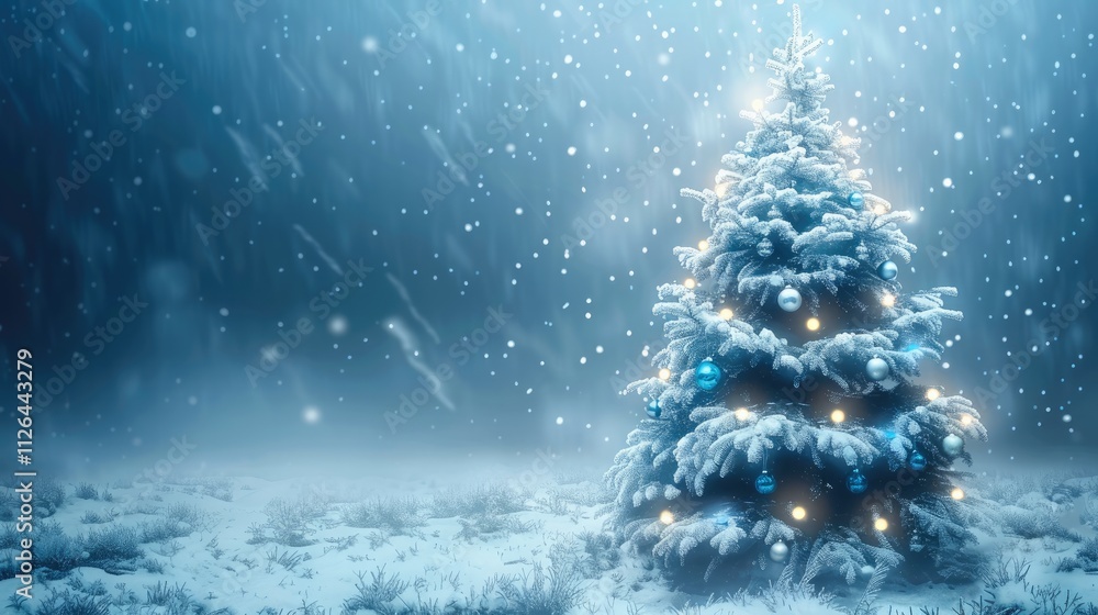 A Christmas tree decorated with frosty blue and silver ornaments, standing against a dark blue snowy background with twinkling fairy lights. A Christmas tree decorated with frosty blue and silver ornaments, standing against a dark blue snowy background with twinkling fairy lights.