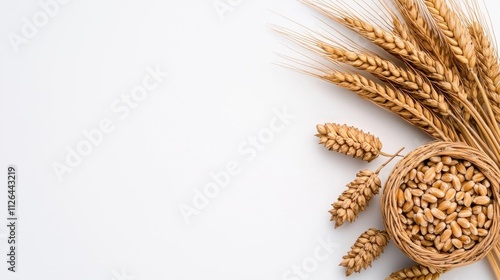 A photostock of scattered wheat grains forming a natural cluster on a seamless white background, perfect for food or agricultural visuals. High Quality