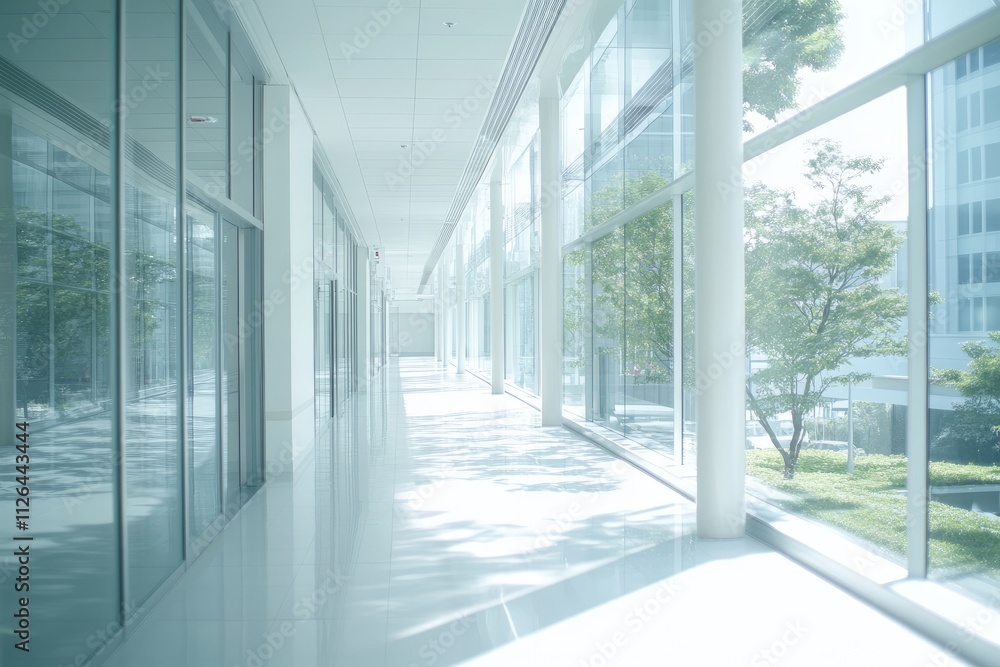 Light blue blurred background of a spacious office hallway, panoramic view for a serene setting Light blue blurred background of a spacious office hallway, panoramic view for a serene setting