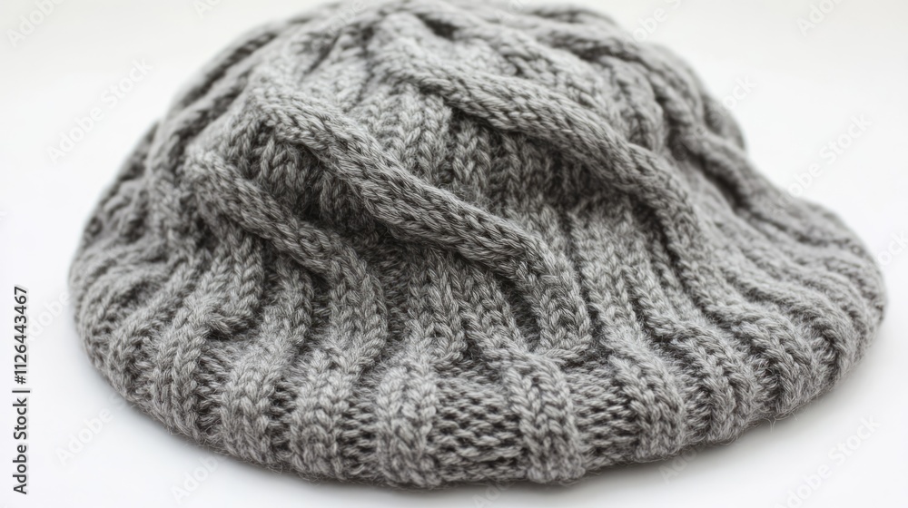 Knitted gray beret hat on a clean white background showcasing texture and design for fashion or accessory related projects Knitted gray beret hat on a clean white background showcasing texture and design for fashion or accessory related projects