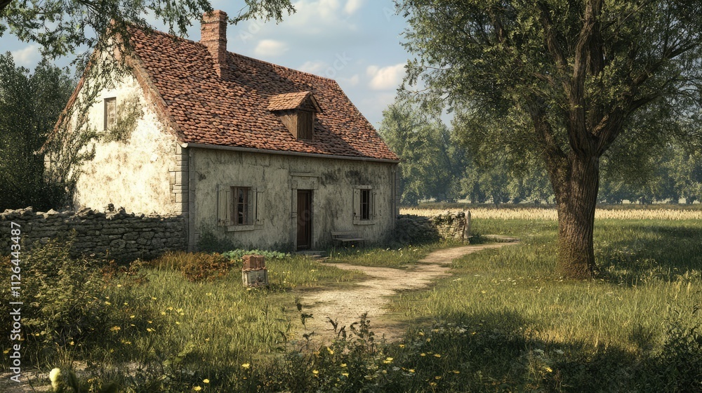 Charming outbuildings from 19th-century European manors, featuring rustic architecture, lush green surroundings, and a winding path leading through scenic farmland, history, architecture, rural landsc Charming outbuildings from 19th-century European manors, featuring rustic architecture, lush green surroundings, and a winding path leading through scenic farmland, history, architecture, rural landsc