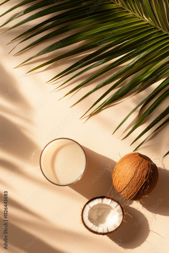 Coconut and milk on the table. Selective focus. Coconut and milk on the table. Selective focus.