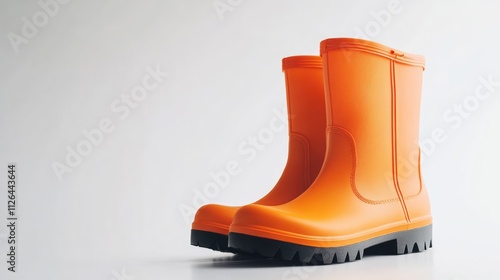 Bright orange rubber boots with a textured black sole positioned on a clean white background, ideal for fashion, footwear, retail, product display. photo