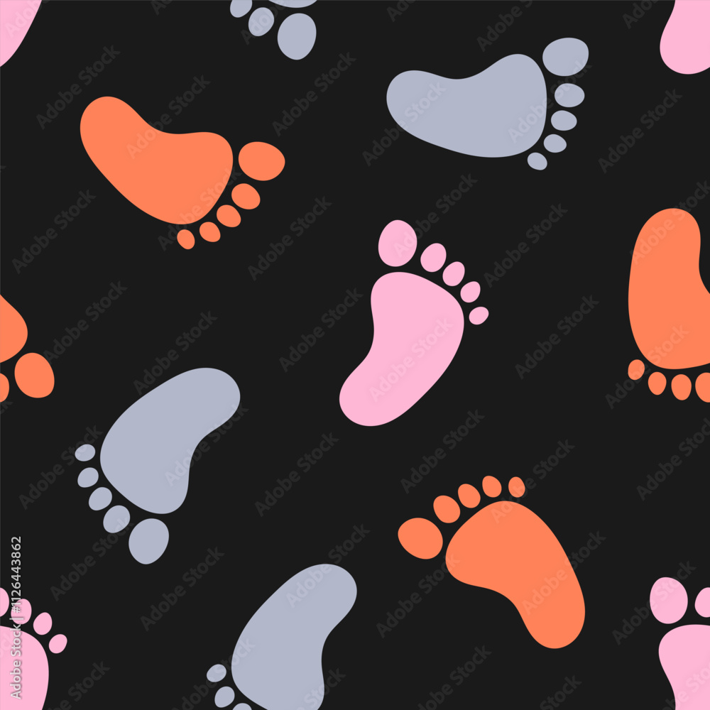 Seamless pattern with colorful footprint and black background Seamless pattern with colorful footprint and black background