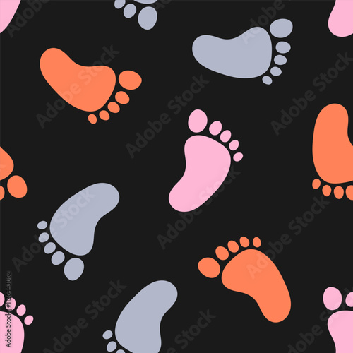 Seamless pattern with colorful footprint and black background