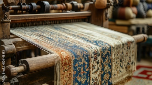 Traditional textile weaving equipment showcasing intricate patterns on cotton and silk fabric using mechanical wooden loom techniques photo