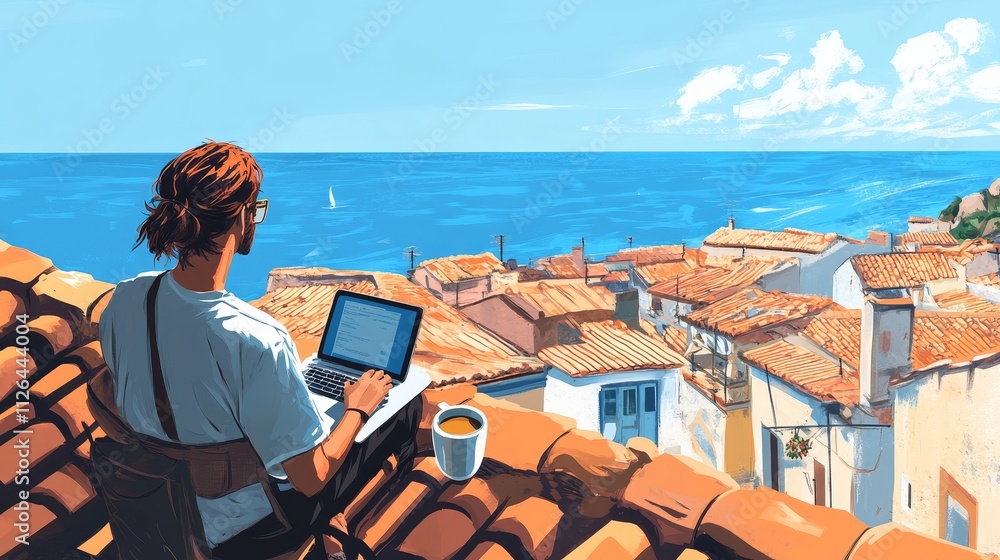 Scenic rooftop view, person with laptop overlooking sea, mediterranean village with red-tiled roofs, coastal scenery, blue sky Scenic rooftop view, person with laptop overlooking sea, mediterranean village with red-tiled roofs, coastal scenery, blue sky
