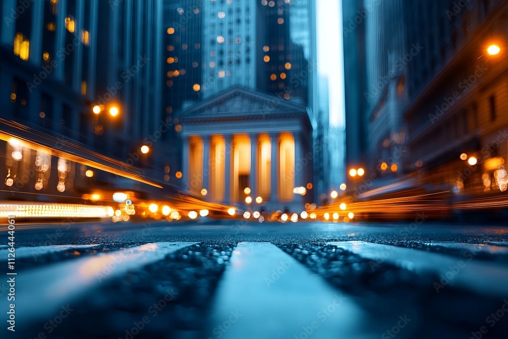 Fototapeta premium A low-angle view of a city street at dusk, showcasing tall buildings and illuminated traffic lights, creating a vibrant urban atmosphere.