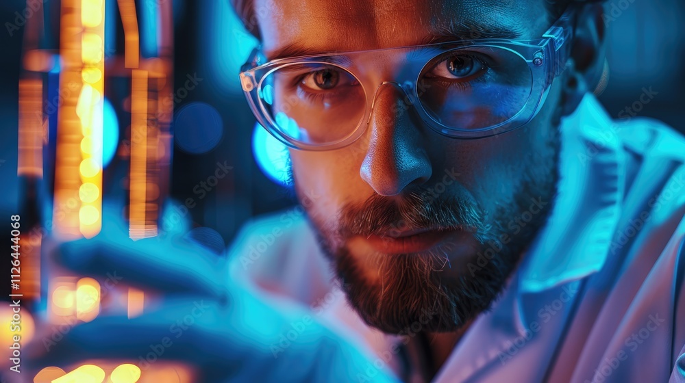 Engineer holding a microchip under bright tech-themed lighting.