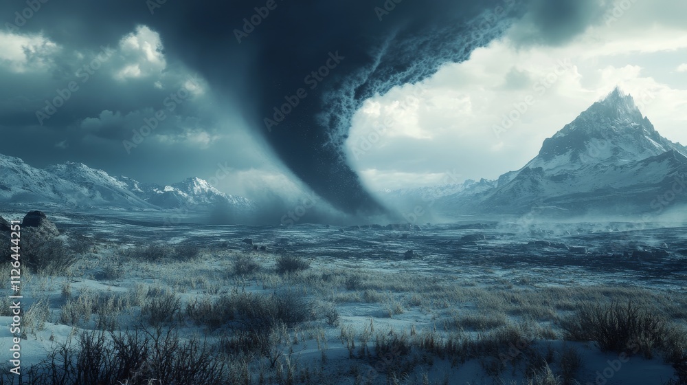 Fototapeta premium A tornado forming over a prairie with a distant mountain range barely visible through the storm clouds, the contrast between the mountains and the storm rendered in ultra detailed 8k resolution