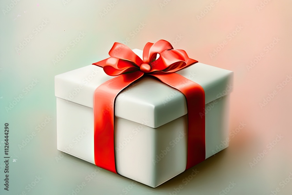 Obraz premium A white gift box with a simple red ribbon, placed against a soft pastel backdrop