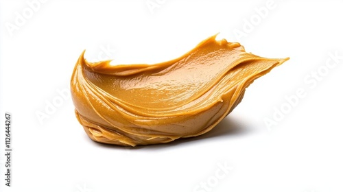 A photostock of smooth peanut butter smeared generously across a white background, emphasizing its creamy texture and rich color. High Quality