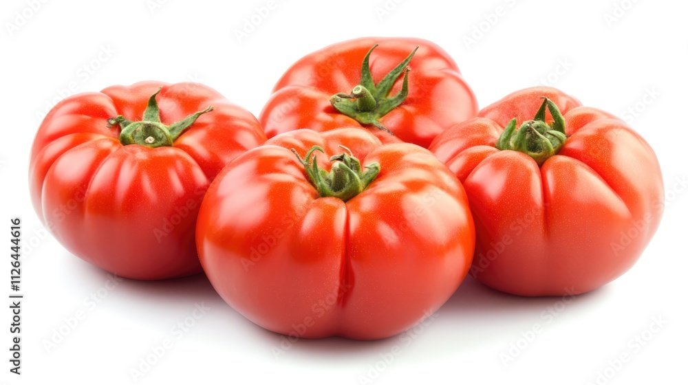 Fresh organic heirloom tomatoes arranged artistically on a clean white background showcasing their vibrant red color and unique shapes. Fresh organic heirloom tomatoes arranged artistically on a clean white background showcasing their vibrant red color and unique shapes.
