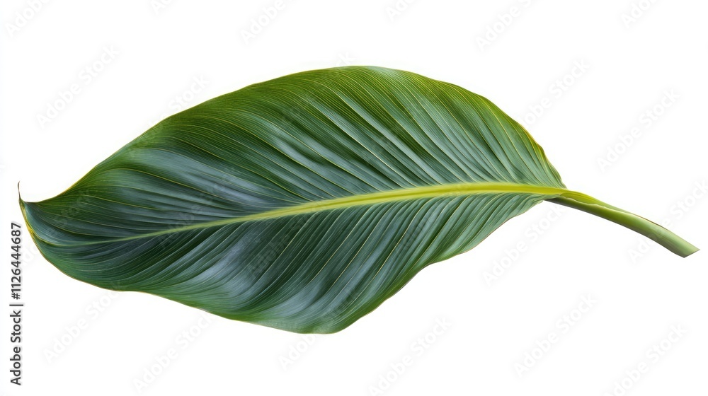 Fototapeta premium Green coconut palm leaf isolated on white background showcasing its texture and vibrant color suitable for tropical or natural themed designs