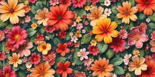 A beautiful and vibrant floral seamless background with colorful flowers and leaves, pattern