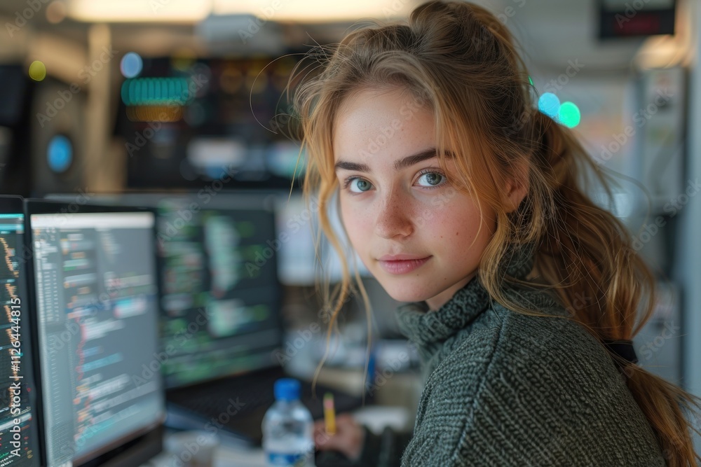 Female Software Engineer Writes Code on Desktop Computer In Modern Office, Working On Artificial Intelligence Service For Tech Company Female Software Engineer Writes Code on Desktop Computer In Modern Office, Working On Artificial Intelligence Service For Tech Company