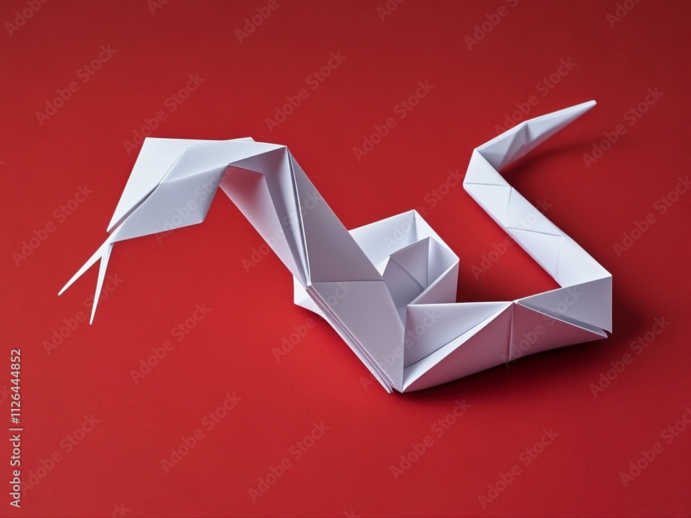 white simple folded paper snake shaped figurine on a red background. The symbol of 2025. Happy Chinese New Year..