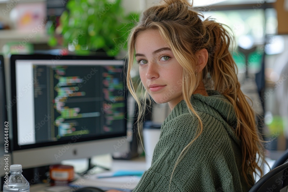 Female Software Engineer Writes Code on Desktop Computer In Modern Office, Working On Artificial Intelligence Service For Tech Company Female Software Engineer Writes Code on Desktop Computer In Modern Office, Working On Artificial Intelligence Service For Tech Company