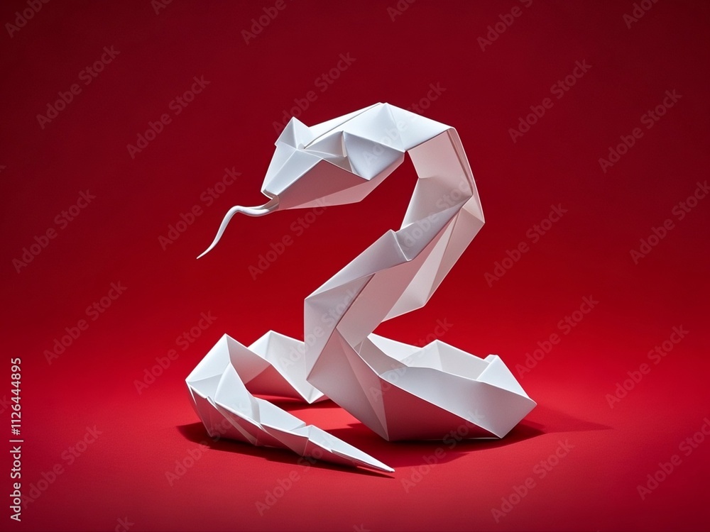 white simple folded paper snake shaped figurine on a red background. The symbol of 2025. Happy Chinese New Year..