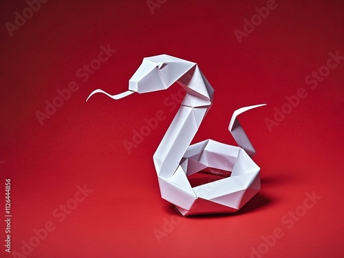 white simple folded paper snake shaped figurine on a red background. The symbol of 2025. Happy Chinese New Year..