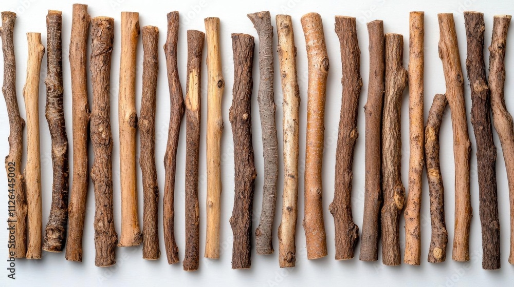 A photostock of thin wooden sticks aligned on a seamless white background, emphasizing their natural texture and simple design. High Quality