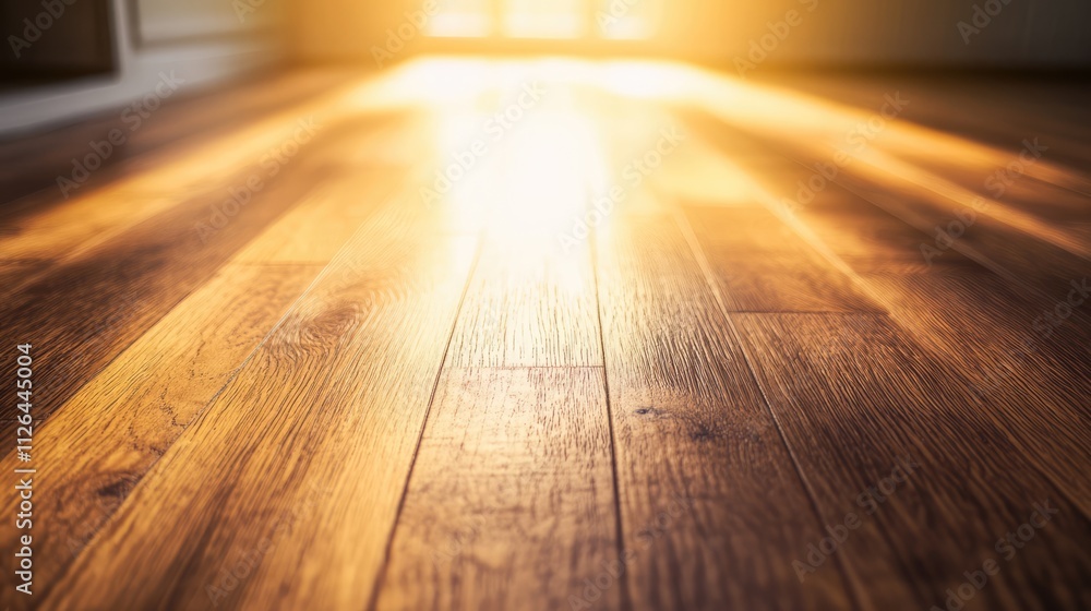 Laminate flooring surface with warm sunlight highlighting the natural wood texture and warm ambiance in a modern interior空间 Laminate flooring surface with warm sunlight highlighting the natural wood texture and warm ambiance in a modern interior空间