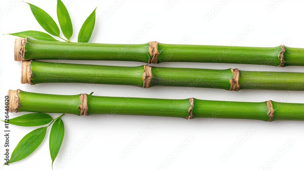 Obraz premium A photostock of vibrant green bamboo stems arranged naturally on a seamless white background, perfect for eco-friendly or Asian-themed visuals. High Quality