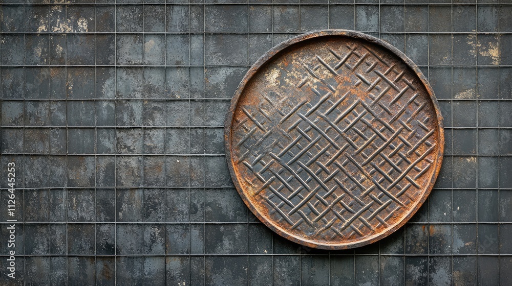 Rusty metal plate with textured pattern mounted on a dark grid background creating a vintage industrial aesthetic Rusty metal plate with textured pattern mounted on a dark grid background creating a vintage industrial aesthetic