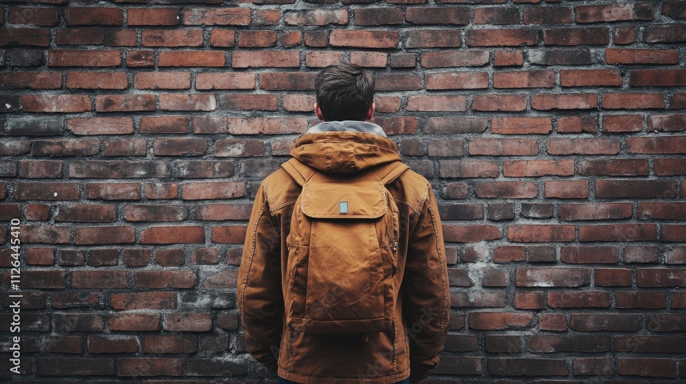 Young man with backpack standing against a textured brick wall reflecting urban lifestyle and fashion trends. Young man with backpack standing against a textured brick wall reflecting urban lifestyle and fashion trends.