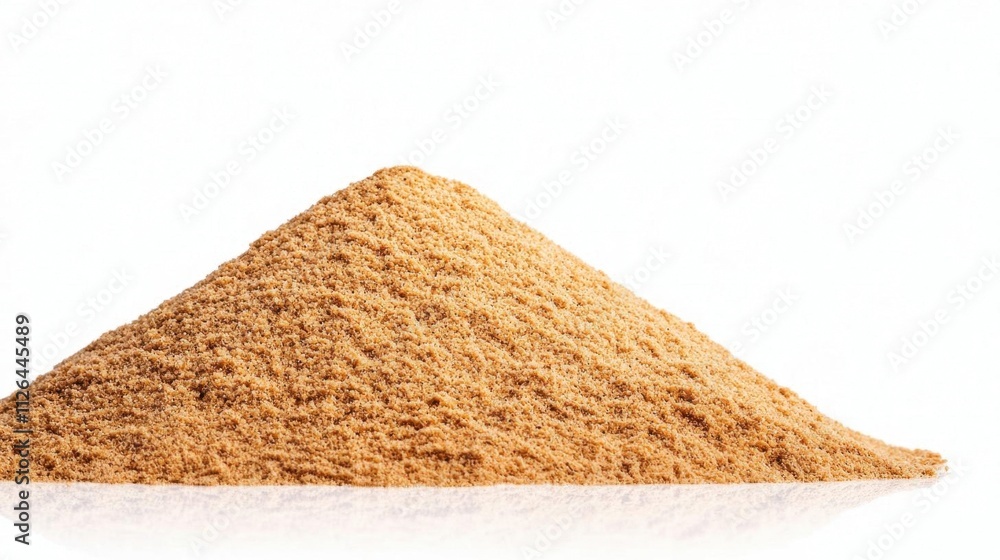 A photostock of a fine sprinkling of golden sand forming a soft pile on a seamless white background, showcasing texture and luxury. High Quality A photostock of a fine sprinkling of golden sand forming a soft pile on a seamless white background, showcasing texture and luxury. High Quality