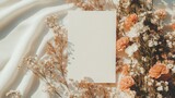 Wedding invitation card mock-up template. RSVP letter blank card with stylish aesthetic decor. Dry flowers bohemian stationery on a table top view. Place for text