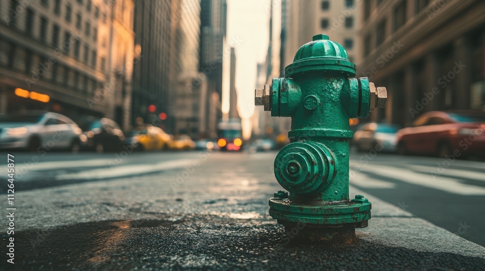 Urban fire hydrant in focus amidst a bustling city street showcasing emergency preparedness and urban infrastructure.