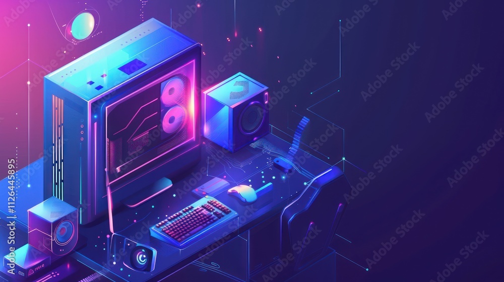 Modern Development of cross platform websites and mobile apps with lighting 2 colors blue and pink, modern equipment, microphone Modern Development of cross platform websites and mobile apps with lighting 2 colors blue and pink, modern equipment, microphone