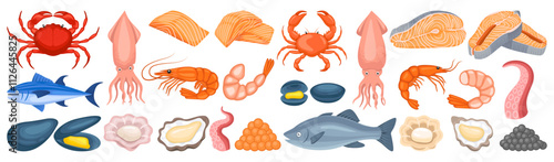 Seafood illustration vector bundle. Seafood vector cartoon set icon.Vector illustration icon fish food on white background. Seafood illustration vector bundle photo