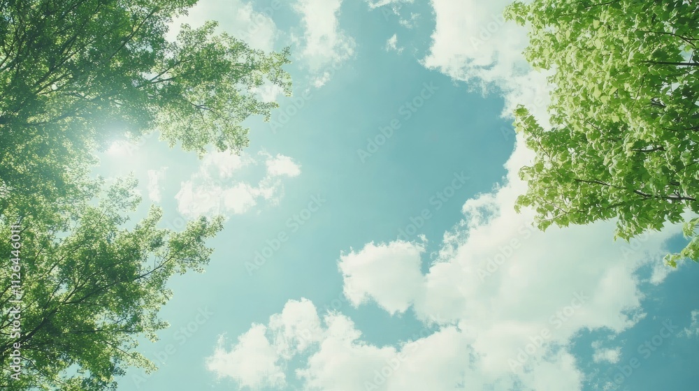 Obraz premium Lush green trees framing a serene cloudy blue sky with soft sunlight filtering through the foliage creating a tranquil natural scene