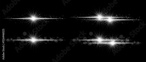 Sparkle effect set. Glowing light bursts, radiant star beams, luminous particles, glittering effects, and bright streaks of light for decoration, emphasis, and design elements.