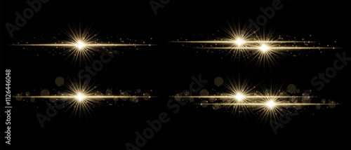 Sparkle effect set. Glowing light bursts, radiant star beams, luminous particles, glittering effects, and bright streaks of light for decoration, emphasis, and design elements.