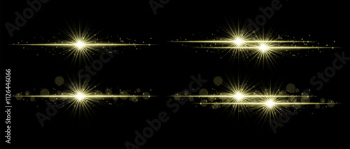 Sparkle effect set. Glowing light bursts, radiant star beams, luminous particles, glittering effects, and bright streaks of light for decoration, emphasis, and design elements.