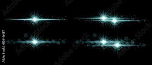 Sparkle effect set. Glowing light bursts, radiant star beams, luminous particles, glittering effects, and bright streaks of light for decoration, emphasis, and design elements.